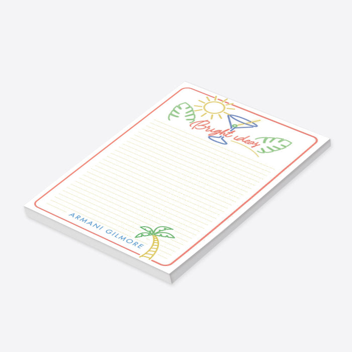 personalized tropical bright ideas notepad with cocktail, sun, and palm tree design and lined writing space-side
