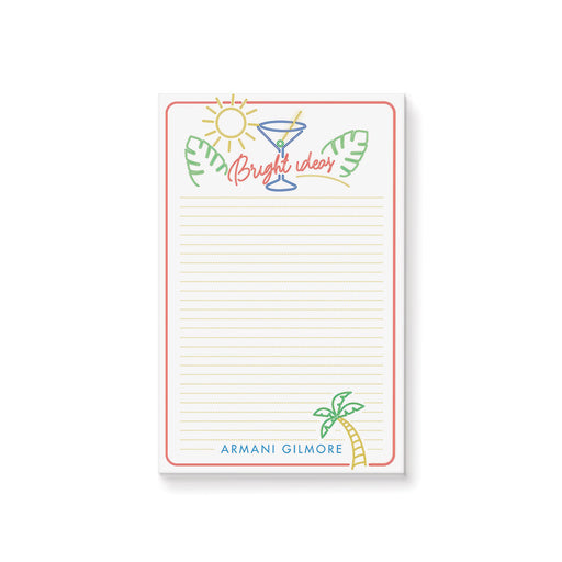personalized tropical bright ideas notepad with cocktail, sun, and palm tree design and lined writing space