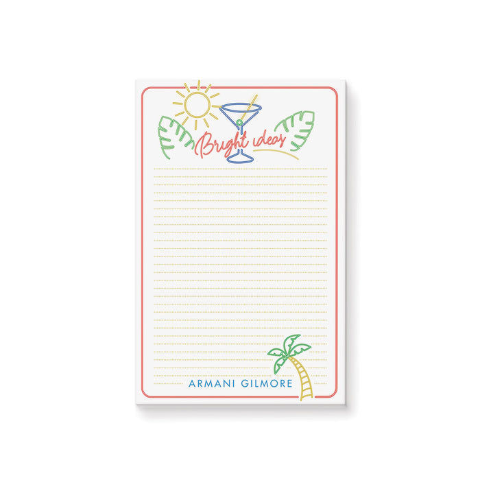 personalized tropical bright ideas notepad with cocktail, sun, and palm tree design and lined writing space