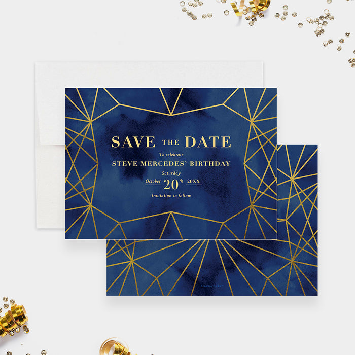 Elegant Birthday Save the Date Card with Gold Jewel Geometric Lines, Blue Watercolor Save the Dates for Adult Birthday Celebration