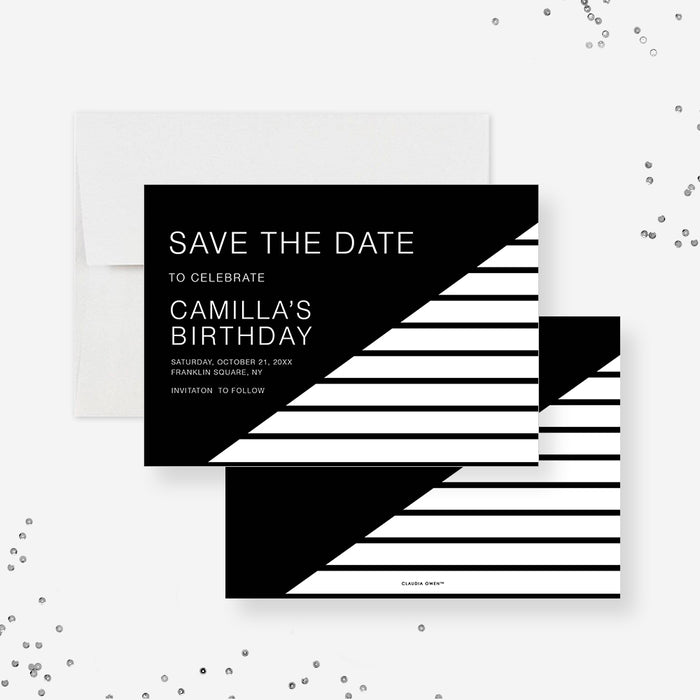 adult birthday save the date card with modern black white geometric stripe design-front-back