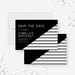 adult birthday save the date card with modern black white geometric stripe design-front-back
