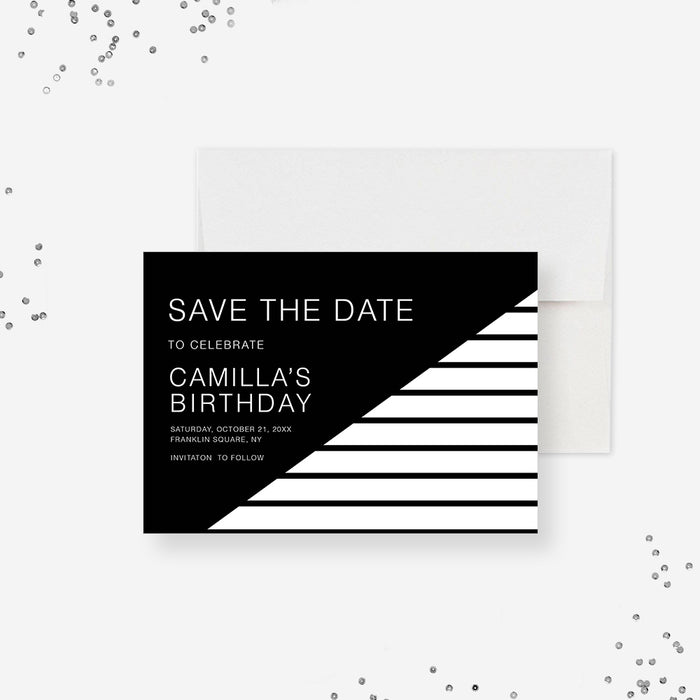 adult birthday save the date card with modern black white geometric stripe design-front