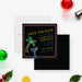 neon cocktail birthday save the date card with tropical palm tree and martini drink illustration on black background-front-back