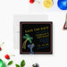 neon cocktail birthday save the date card with tropical palm tree and martini drink illustration on black background-front
