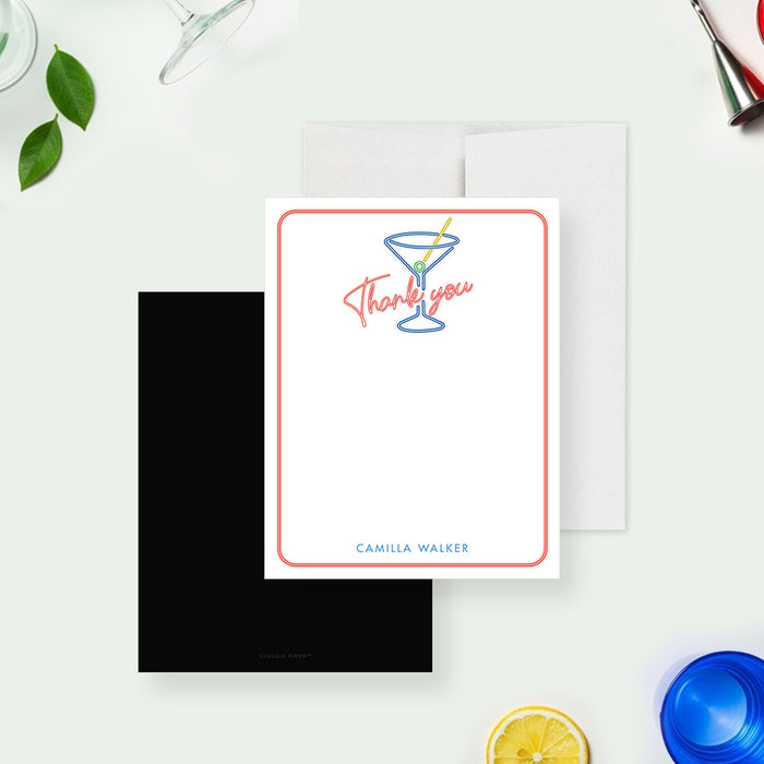 personalized cocktail themed thank you card with neon martini glass illustration and custom name-front-back