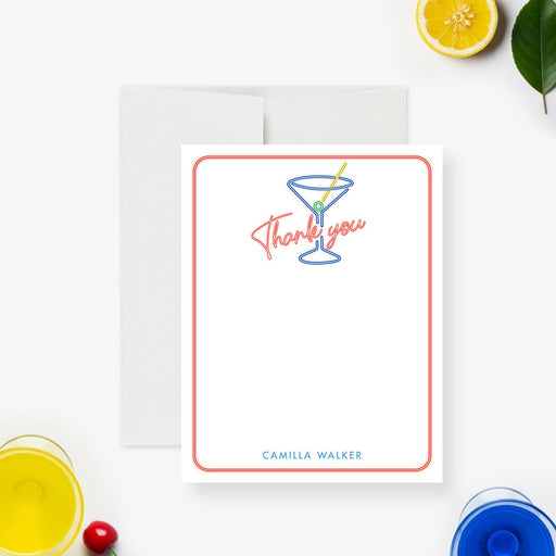 personalized cocktail themed thank you card with neon martini glass illustration and custom name-front