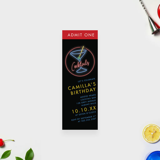 neon cocktail ticket style birthday invitation with admit one header and martini drink design