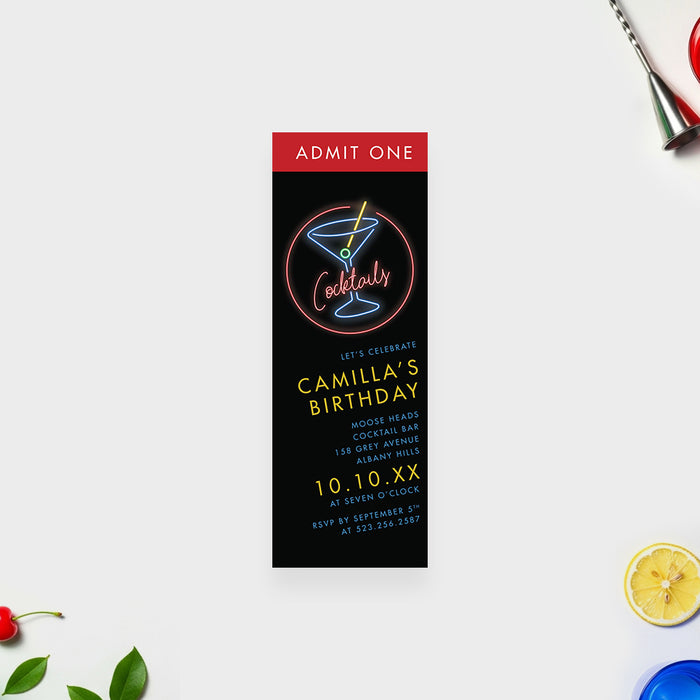 neon cocktail ticket style birthday invitation with admit one header and martini drink design