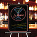 neon cocktail birthday welcome sign with glowing martini drink design displayed on easel in bar setting