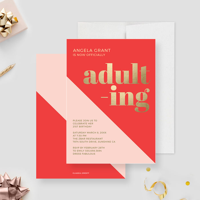 Front and back of the Adulting birthday invitation template, showing gold effect lettering and red and blush color blocks
