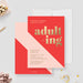 Front and back of the Adulting birthday invitation template, showing gold effect lettering and red and blush color blocks