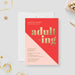 Adulting 21st birthday invitation template mockup with large gold effect lettering and diagonal red and blush color blocks