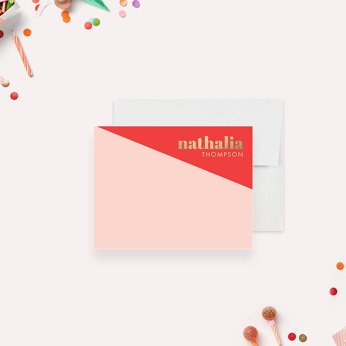 Personalized coral and blush pink note card with elegant gold name lettering