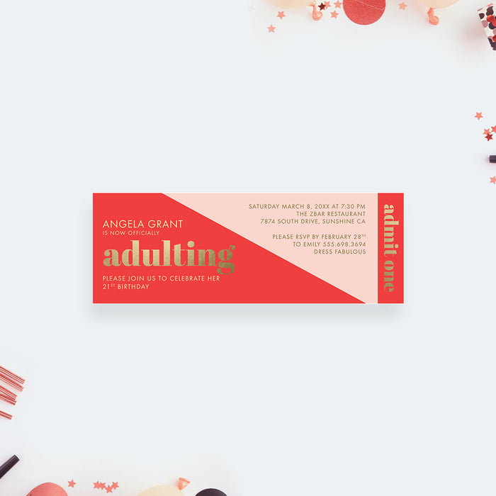 Personalized 21st birthday ticket invitation with coral, blush pink, and gold design