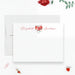 a white card with a floral design and the name "Elizabeth" written on it, along with a red rose and some green leaves.