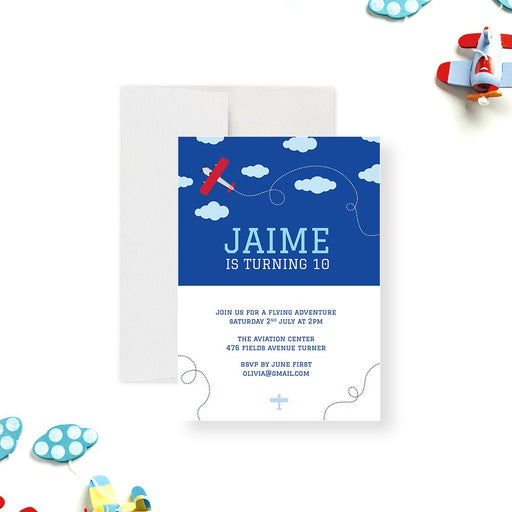 airplane birthday invitation printed on matte cardstock with red plane and clouds design