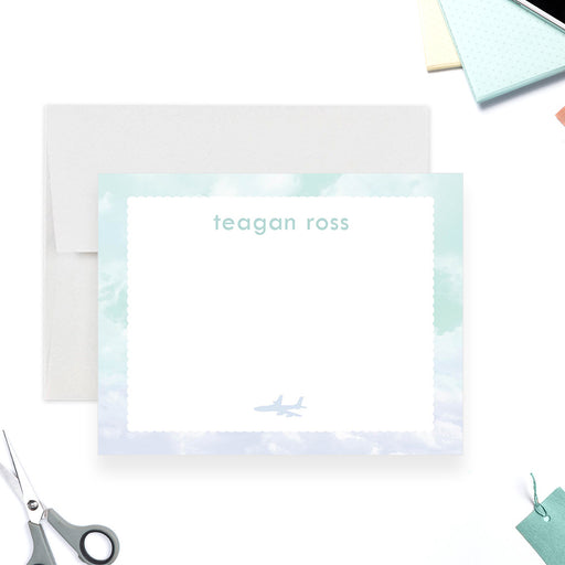 Personalized airplane note card with clouds in pastel colors