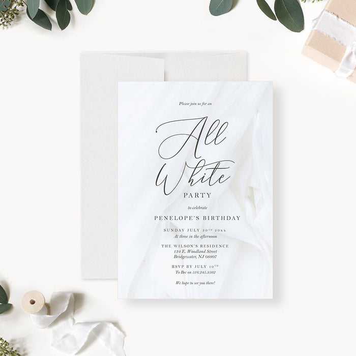 An elegant all-white themed birthday party invitation with 'All White' text in a cursive font, displayed on a white background.