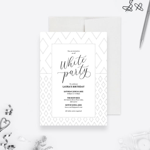 all white party invitation template with elegant black lettering, white geometric border, and custom birthday party details