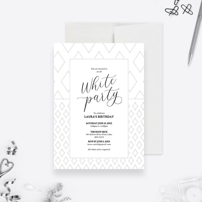 all white party invitation template with elegant black lettering, white geometric border, and custom birthday party details