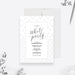 all white party invitation template with elegant black lettering, white geometric border, and custom birthday party details