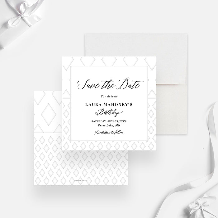 all white party save the date card with white geometric border, black script lettering, and custom birthday details-front-back