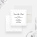 all white party save the date card with white geometric border, black script lettering, and custom birthday details-front-back