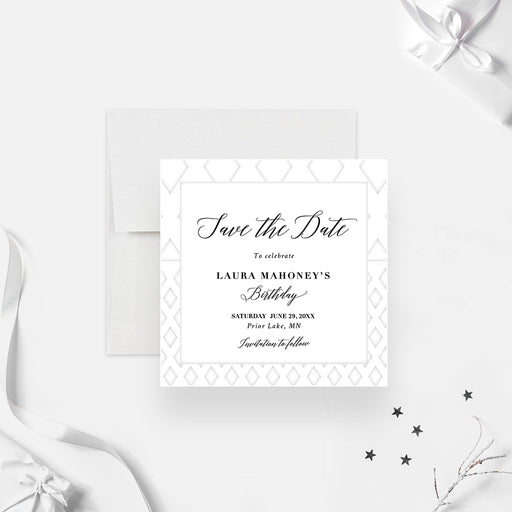 all white party save the date card with white geometric border, black script lettering, and custom birthday details-front