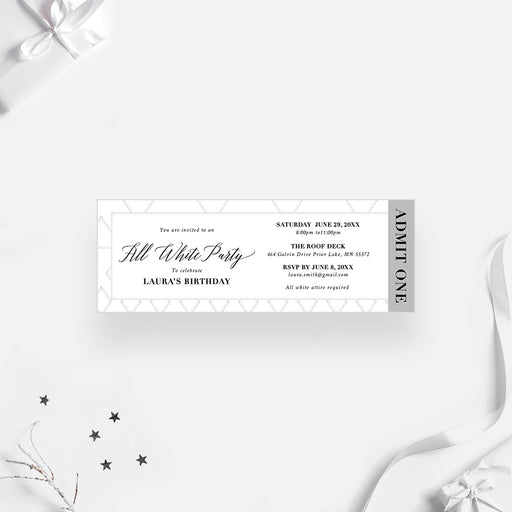 all white party ticket invitation with white geometric border, black script lettering, admit one panel, and custom birthday details