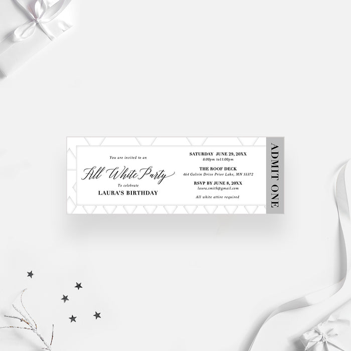 all white party ticket invitation with white geometric border, black script lettering, admit one panel, and custom birthday details