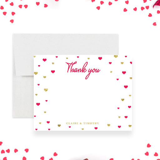Thank-you card with red and gold hearts for couples