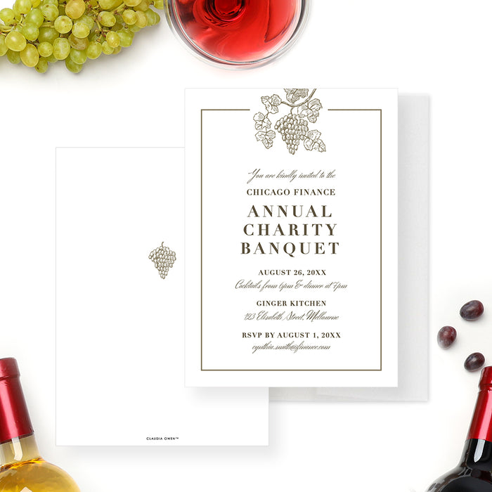 Wine-themed invitation with a grapevine illustration for an elegant annual charity banquet celebration.-front-back