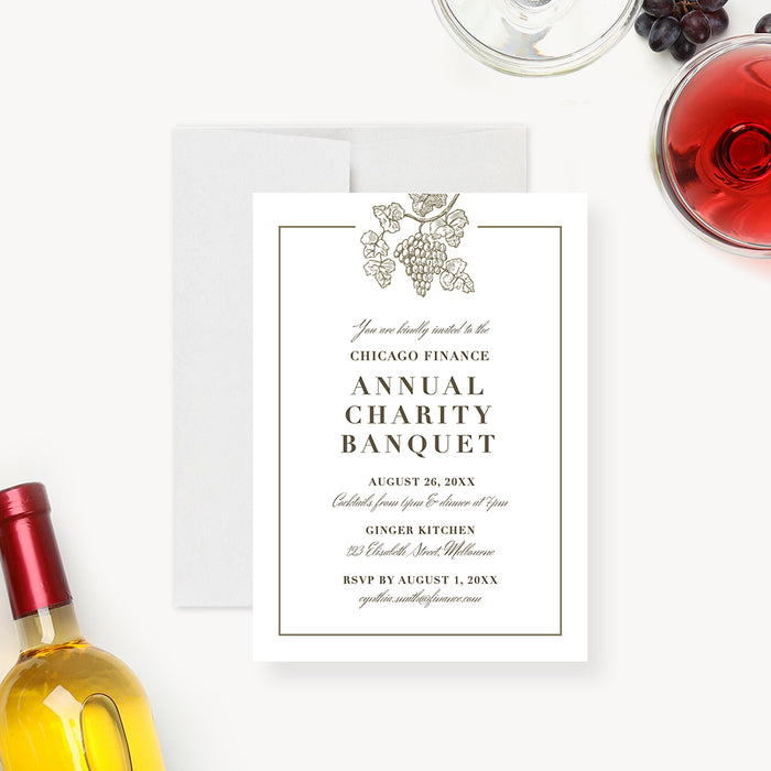Wine-themed invitation with a grapevine illustration for an elegant annual charity banquet celebration.-front
