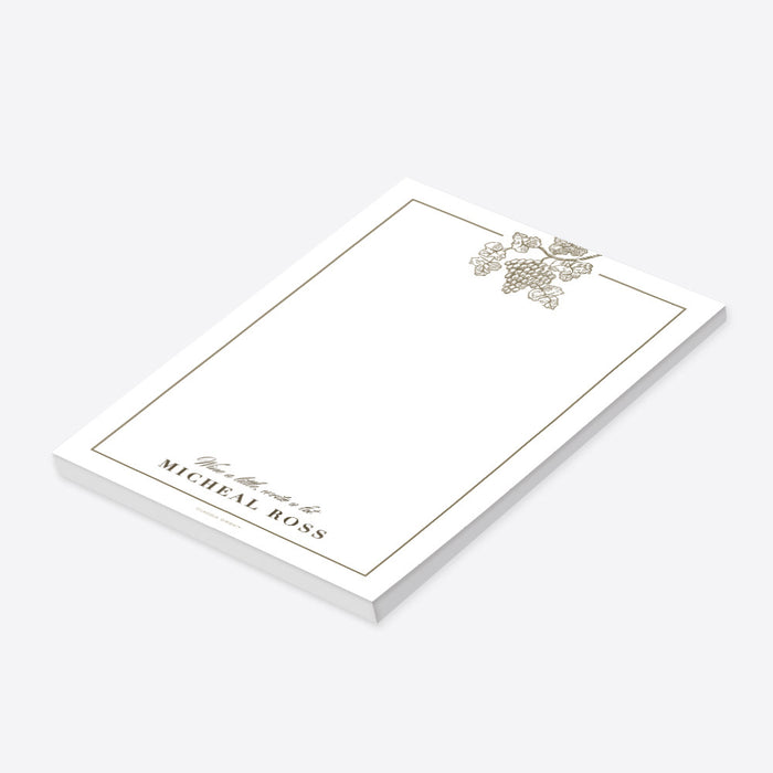 Personalized vineyard notepad featuring a grapevine illustration and the quote “Wine a little, write a lot,” an elegant wine-themed stationery gift for men and women.-side
