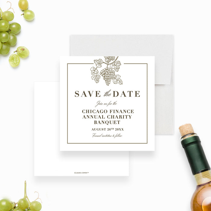 Wine-themed save the date card with grapevine illustration, ideal for charity gala events.-front-back