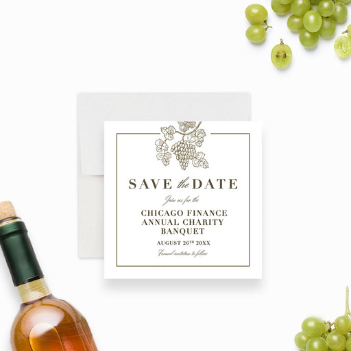 Wine-themed save the date card with grapevine illustration, ideal for charity gala events.-front