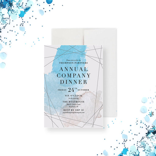 Modern company dinner invitation with blue and neutral watercolor design and fine line accents displayed with an envelope.-front