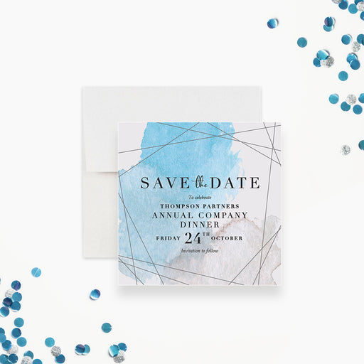 Save the date card with modern watercolor design in blue and neutral tones, accented with fine line details, displayed with a white envelope.-front