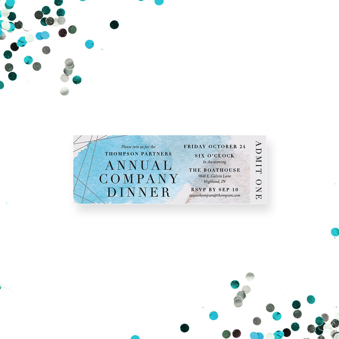 Watercolor company dinner ticket invitation featuring soft blue and neutral tones with modern line accents and an admit-one panel.