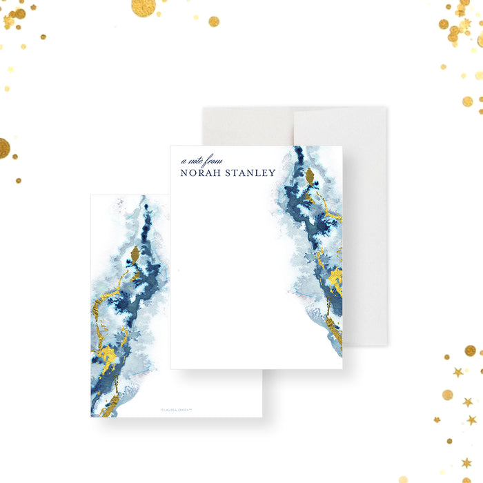 Personalized blue and gold geode watercolor note card, customizable with name or message, ideal as a party favor or everyday stationery.-front-back