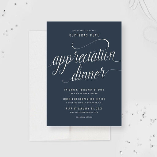 Appreciation dinner invitation template with elegant script typography on a dark blue background for corporate recognition events