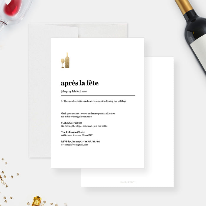 Après La Fête Invitation Card with Wine Bottle and Wine Glass, Fun Holiday Party Invitation Card for After Christmas Celebrations