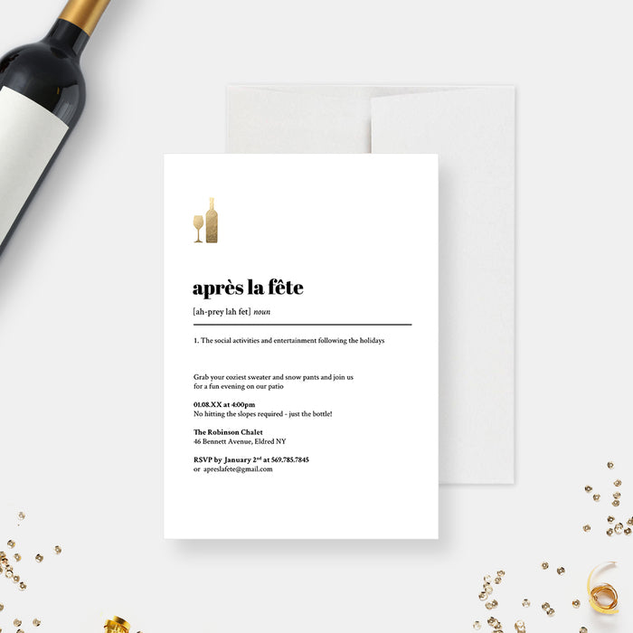 Après La Fête Invitation Card with Wine Bottle and Wine Glass, Fun Holiday Party Invitation Card for After Christmas Celebrations