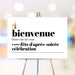 French après-holiday welcome sign with "Bienvenue" text, phonetic spelling, and gold wine bottle and glass icon on modern white background.