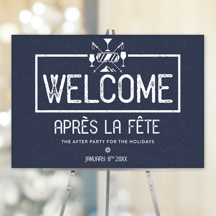 holiday after party welcome sign displayed on an easel with navy chalkboard-style design, winter cocktail icons, and custom event details