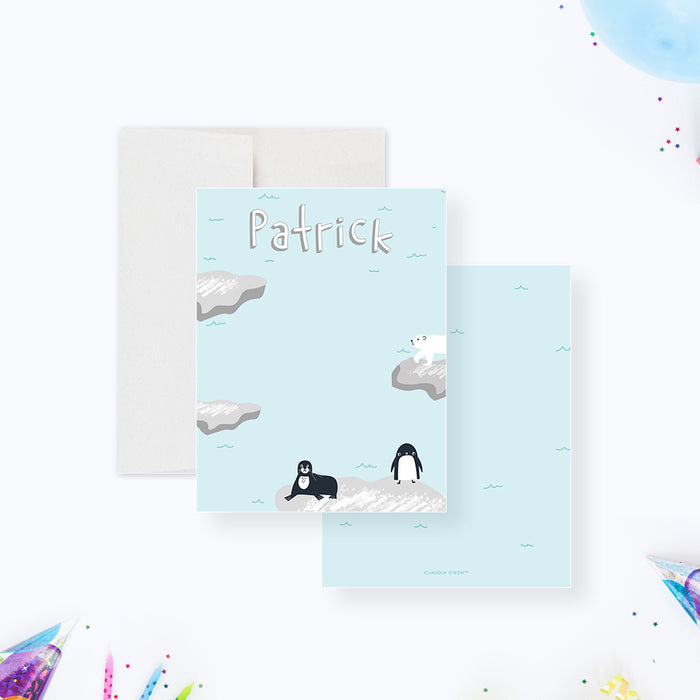 Personalized kids' thank you card featuring an adorable penguin, seal, and polar bear on icebergs-front-back