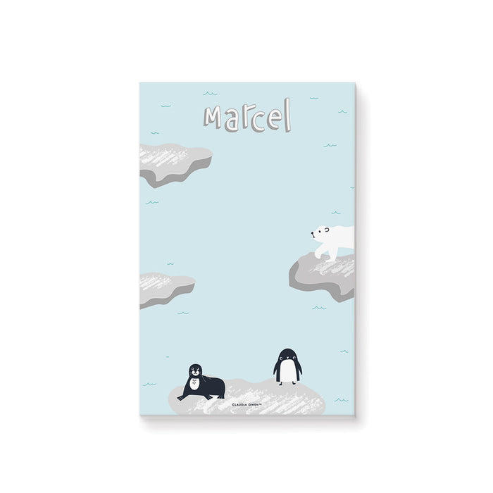 Personalized kids notepad featuring a cute polar bear, penguin, and seal on floating icebergs with a soft blue background