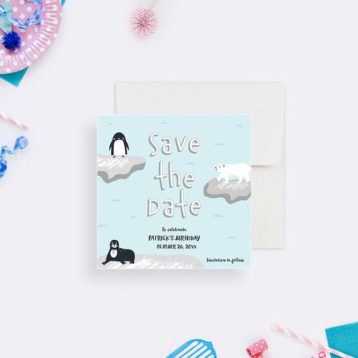 Adorable winter birthday party save the date card featuring a polar bear, penguin, and seal on floating icebergs-front