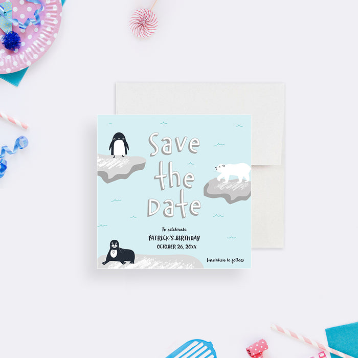Adorable winter birthday party save the date card featuring a polar bear, penguin, and seal on floating icebergs-front